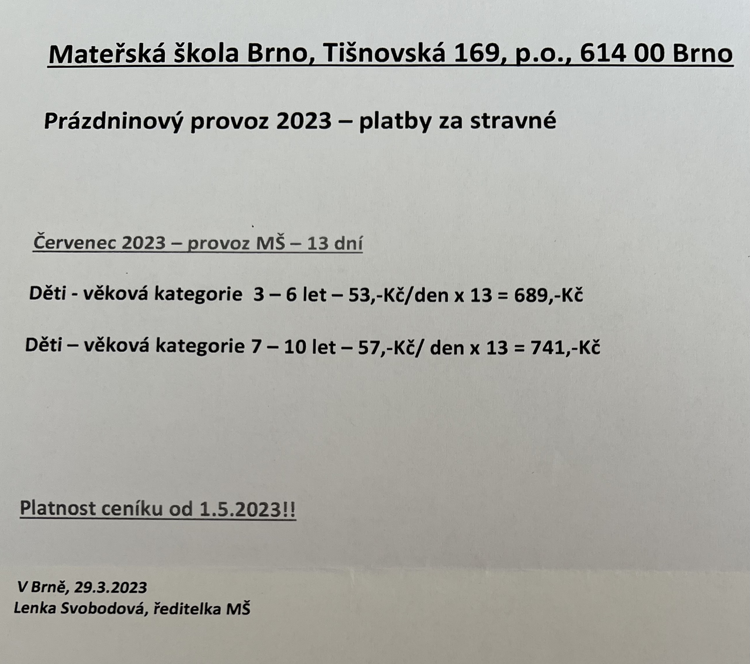 Platby za stravné 